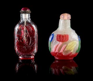 * Two Peking Glass Snuff Bottles Height of larger 2 5/8 inches. 套料鼻煙壺兩件，較大高2.625英吋