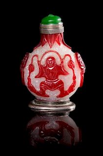 A Red Overlay Clear Glass Snuff Bottle Height 3 1/4 inches. 白地套紅料仙人圖鼻煙壺，高3.25英吋