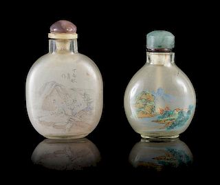 * Two Inside Painted Glass Snuff Bottles Height of larger 2 3/4 inches. 內畫玻璃鼻煙壺兩件，較大高2.75英吋