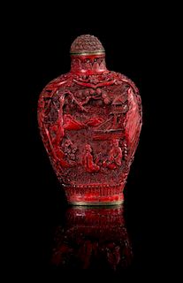 A Cinnabar Lacquer Snuff Bottle Height 2 3/4 inches. 剔紅鼻煙壺，高2.75英吋