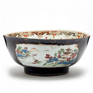 Chinese Export Porcelain Deep Cobalt and Gilt Punch Bowl