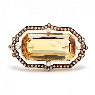Antique Citrine and Seed Pearl Brooch