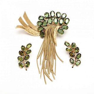 Gold and Diopside Brooch and Earrings