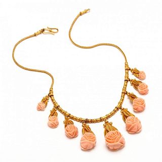 Vintage Gold and Coral Fringe Necklace