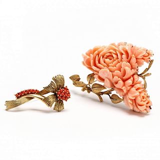 Two 18KT Gold and Coral Brooches