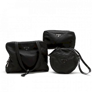 A Travel Sute of Three Black Nylon Bags, Prada