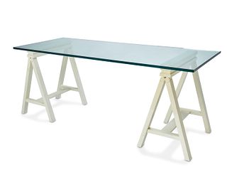 A contemporary sawhorse table
