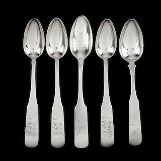 Five Wilmington, NC Coin Silver Teaspoons by S. Baker