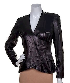 A Carolina Herrera Black Leather Jacket, Size 6.