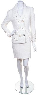 A Chanel Cream Boucle Double Breasted Suit, Size 40.