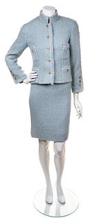 A Chanel Dusty Blue Wool Boucle Skirt Suit Ensemble, Jacket and skirt size 34.
