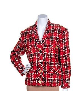 A Chanel Red, White and Black Tweed Jacket, Jacket size 38.