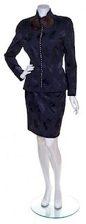 A Christian Dior Navy Jacquard Print Skirt Suit, Size 12.