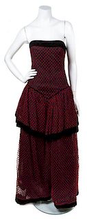 A Christian Dior Red Polka Dot Velvet and Black Net Gown, Size 8.