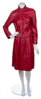 A Fendi Red Leather Skirt Ensemble, Jacket size 6, skirt size 4.