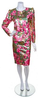 An Yves Saint Laurent Metallic Gold and Pink Rose Applique Suit, Jacket size 36, skirt size 38.