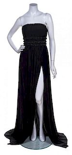 A Balmain Black Silk Strapless Pleated Gown, Size 40.