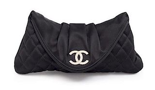 A Chanel Black Satin Partially Quilted Clutch, 11.5" x 5" x .5".
