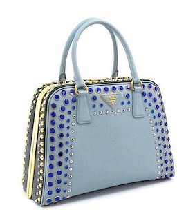 * A Prada Blue and Green Embellished Frame Pyramid Handbag, 12" x 9" x 4.75".