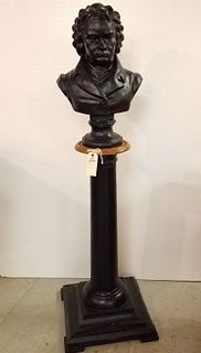 CAST IRON PEDESTAL 36" W/ CAST IRON BUST OF BEETHOVEN 21.5"