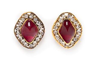A Pair of Chanel Crystal and Gripoix Goldtone Earclips, 1.35" x 1.25".