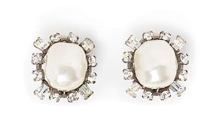 A Pair of Chanel Faux Pearl and Rhinestone Earclips, 1" x 1".