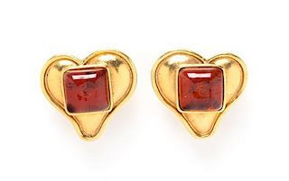 A Pair of Chanel Goldtone and Amber Stone Heart Earclips, 1.25".