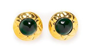 A Pair of Chanel Goldtone and Green Glass Earclips, 1.25".