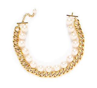 A Chanel Goldtone Link and Faux Pearl Double Strand Choker, 19" x .75".