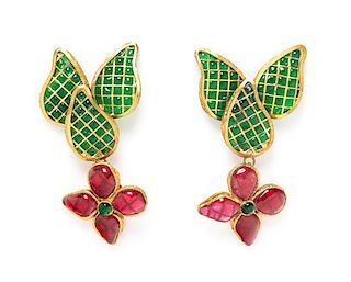 A Pair of Chanel Green and Red Gripoix Earclips, 3".