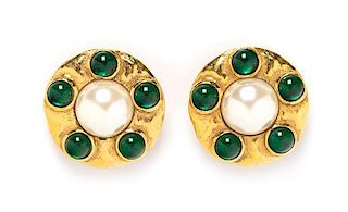 A Pair of Chanel Green Gripoix and Faux Pearl Goldtone Earclips, 1.5".