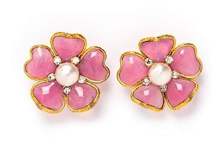 A Pair of Pink Chanel Gripoix Floral Earclips, 1.5" x 1.5".