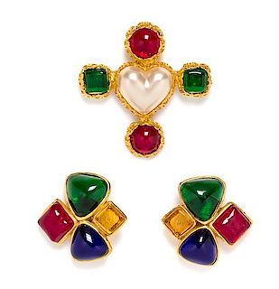 A Chanel Multicolor Glass and Goldtone Brooch and Earclip Set, Brooch 2.5" x 2.5", earclip 1.75" x 1.75".