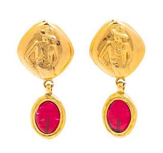 A Pair of Chanel Red Glass and Goldtone Drop Earclips, 2" x 1".