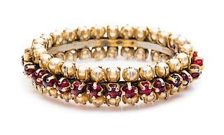 A Chanel Red Glass and Pearl Hinge Bracelet, 2.5" diameter, .75" width.