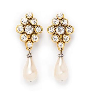 A Pair of Chanel Rhinestone and Faux Pearl Drop Earclips, 2.5" x 1".