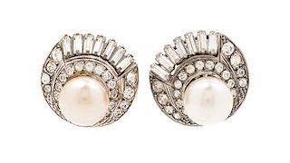 A Pair of Chanel Rhinestone and Faux Pearl Earclips, 1" x 1".