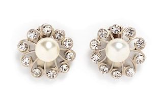 A Pair of Chanel Rhinestone and Faux Pearl Floral Earclips, 1.5" x 1.5".