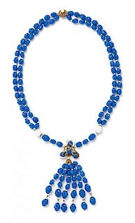 A Miriam Haskell Blue Bead Tassel Necklace, 24", 5" drop tassel.