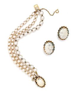 A Miriam Haskell Champagne Faux Pearl Demi Parure, Bracelet 7.5" x 1", earclips 1.25" x 1".