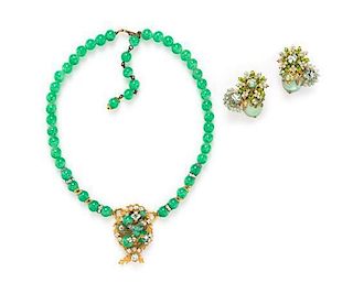 A Miriam Haskell Green Bead and Rhinestone Necklace, Necklace 17".