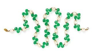 A Miriam Haskell Faux Pearl and Green Faceted Crystal Bead Necklace, 30".