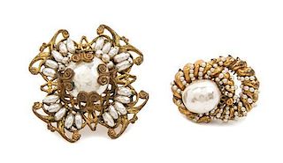 A Pair of Miriam Haskell Pearl Brooches, 2" x 2", 1" x 1.5".