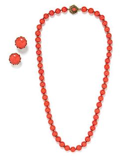 A Miriam Haskell Coral Bead Demi Parure, Necklace 24", earclip .5".
