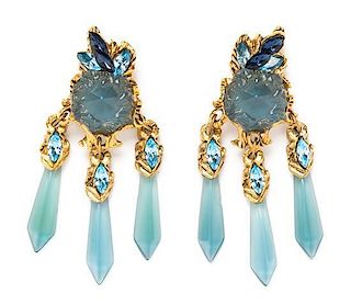 A Pair of Teal Resin and Goldtone Earclips, 5" x 2".