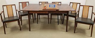 MID CENTURY TEAK DINING TABLE 42"W X 5'4"L W. 2 LEAVES AND 6 CHAIRS