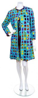 A Bill Blass Multicolor Floral Velvet Dress Ensemble, Dress size 10, coat size 12.