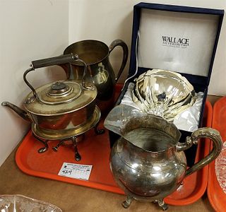 TRAY SILVERPLATE TEA POT ON STAND, BXD WALLACE SHRIMP COMPOTE ETC