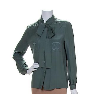 A Chanel Green Silk Blouse, Size 40.