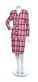 An Adolfo Pink, Black, Red and White Plaid Knit Suit,